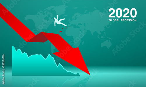 vector Illustration of businessman slipped and falls by red arrow as a sign of the economy crisis, impact of the coronavirus outbreak. global recession of stock prices plummted