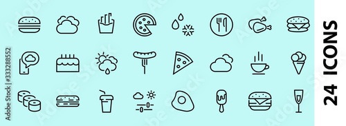   A simple set of fast food icons related to the vector line. Contains icons such as pizza, burger, sushi, bike, scrambled eggs and more. EDITABLE stroke. 480x480 pixels perfect, EPS 10
