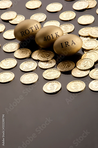 Gold nest eggs and coins concept for retirement, savings, and financial planning