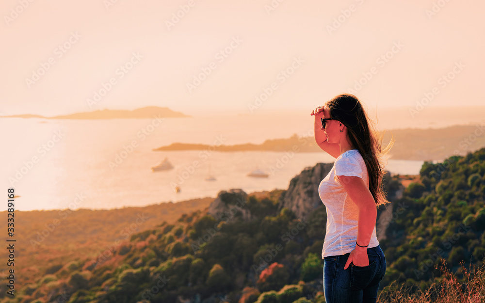 Sunrise or sunset and young lady at Porto Rotondo reflex