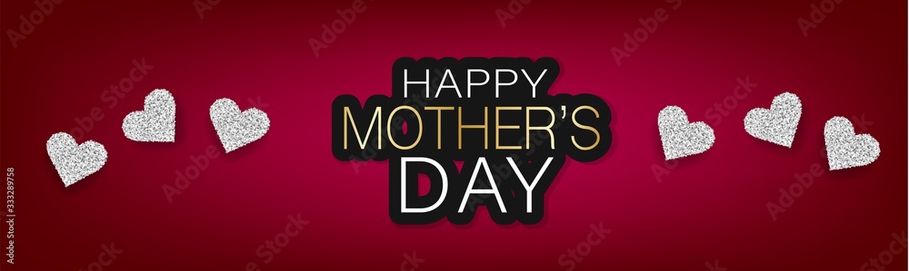 Mothers Day banner, website or newsletter header. Silver glitter hearts on red background. Vector illustration.