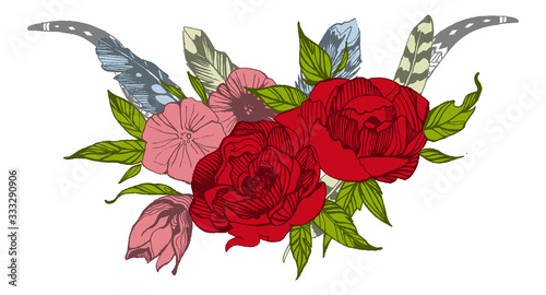 Bohemian style flowers. Roses and peony for wedding invitation design. Vector illustration.