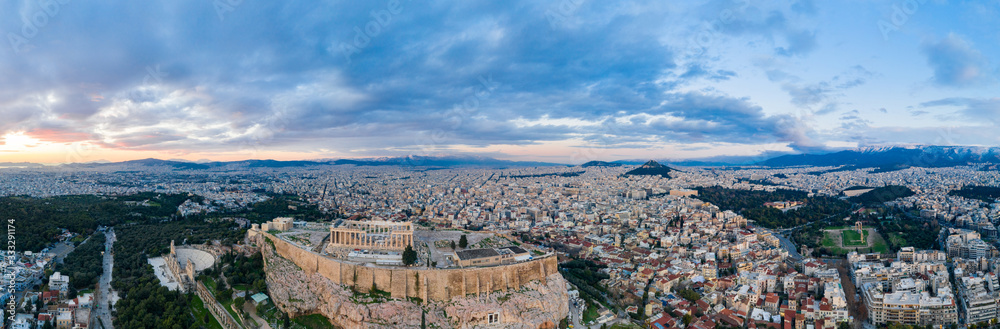 Aerial view of Acropolis of Athens, the Temple of Athena Nike, Parthenon, Hekatompedon Temple, Sanctuary of Zeus Polieus, Odeon of Herodes Atticus, Erechtheion at sunset Aerial view of Acropolis of Athens, the Temple of Athena Nike, Parthenon, Hekatompedon Temple, Sanctuary of Zeus Polieus, Odeon of Herodes Atticus, Erechtheion at sunset