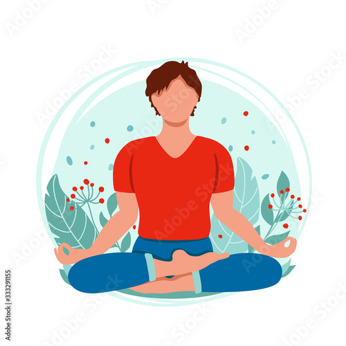 Man meditating on the nature background. Concept for yoga; meditation; relax and healthy lifestyle. Vector illustration in flat cartoon style
