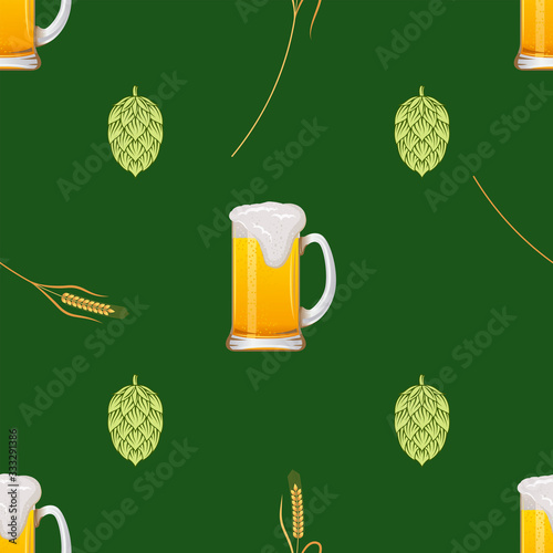 Seamless pattern with beer mugs, ears and hop cones on green background. Design element for banner, fabric, wallpaper or wrapping paper. Vector color illustration.