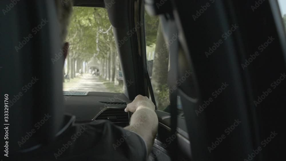 Van moving in a summer festival valley from inside
