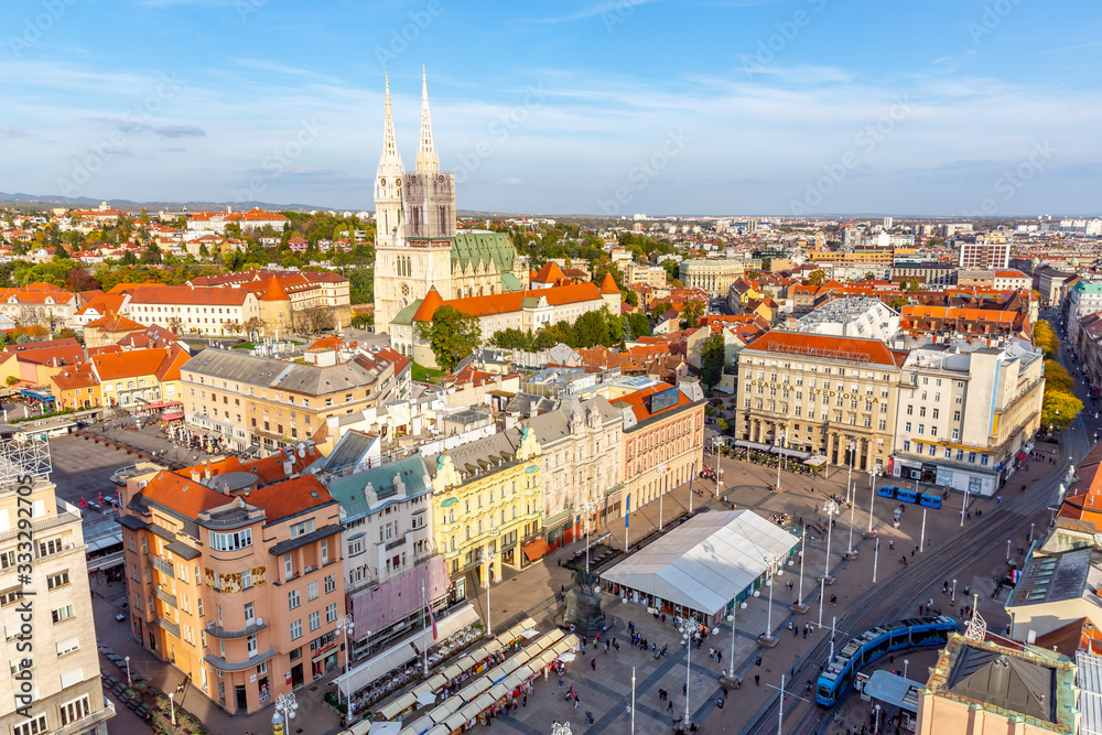 Aerial view on cathedral in Zagreb city, capital town of Croatia