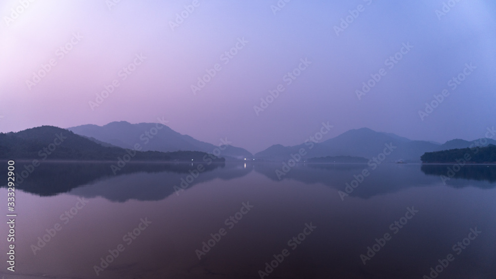 Hilly lake and purple dusk sky, Vietnam