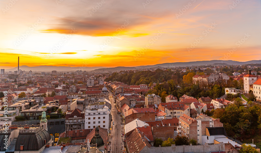 Zagreb city in Croatia at Sunset. Aerial View of Zagreb from Ban Jelacic Square