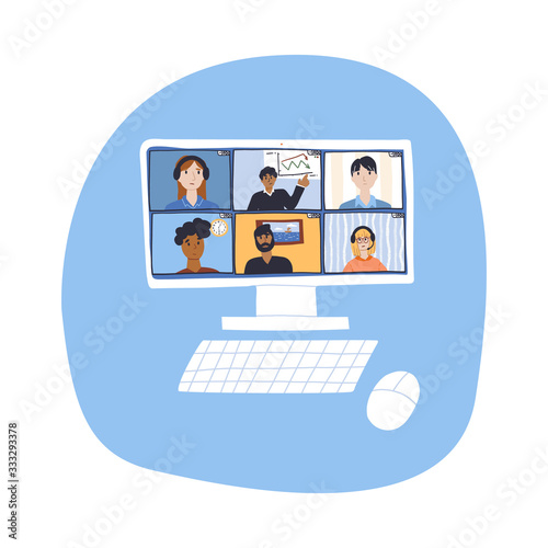 Fun hand drawn PC with online conference on monitor with lot of people who participates in business meeting from home. Work in home, self isolation, quarantine because corona virus, freelance concept.