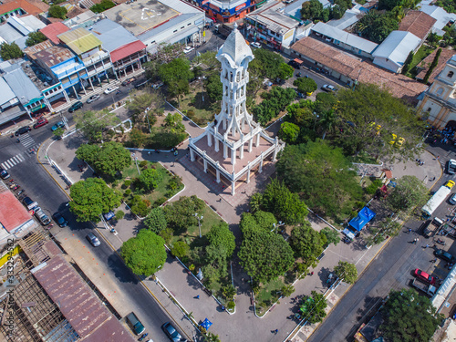 Aerial view of Cañas Square in San Vicente, El Salvador, where you can appreciate all the square and all its green trees.