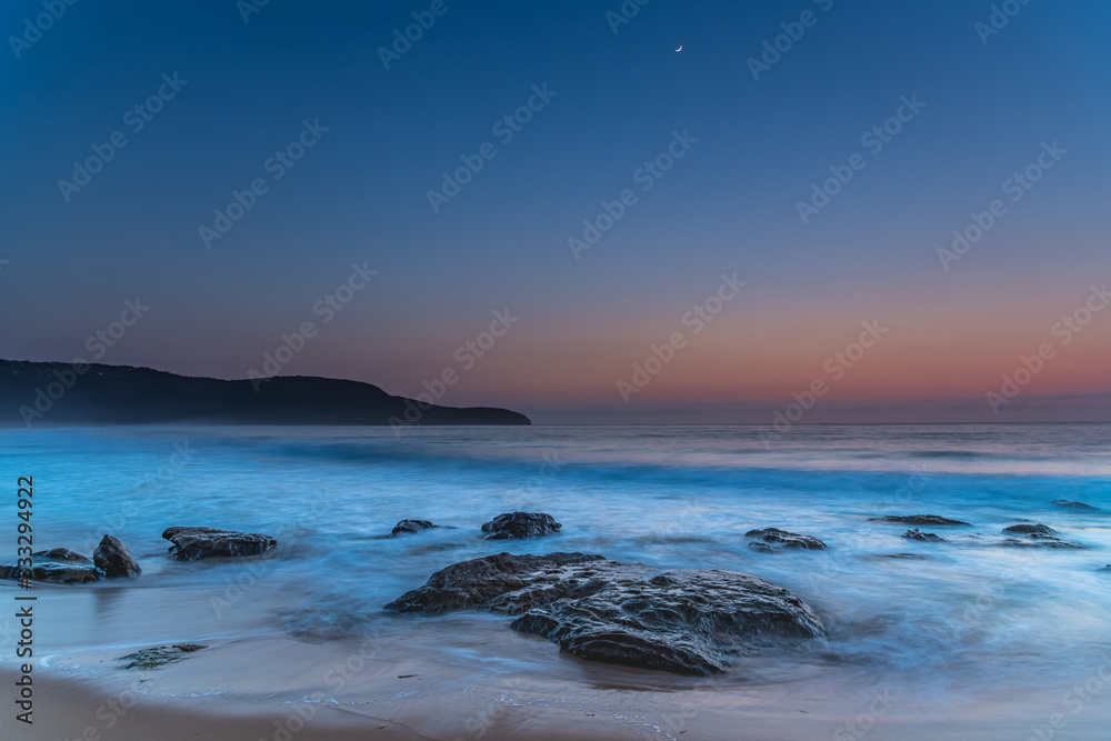 Iridescent Blue Dawn Seascape with Crescent Moon