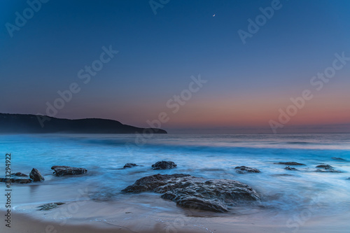 Iridescent Blue Dawn Seascape with Crescent Moon