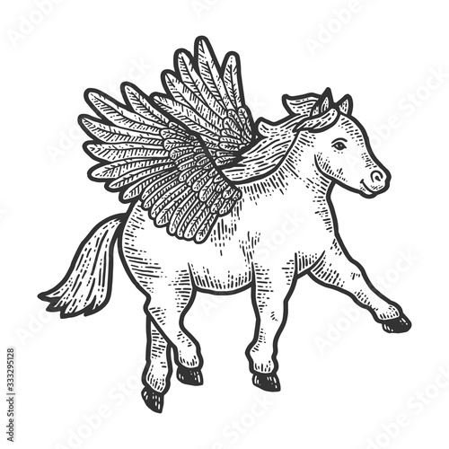 Horse pony with wings. Scratch board imitation. Black and white hand drawn image.