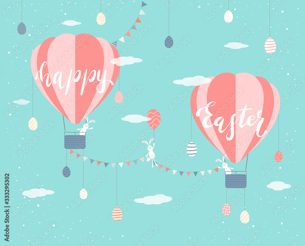 Easter Rabbits and Hot Air Balloon with Eggs and Pennants