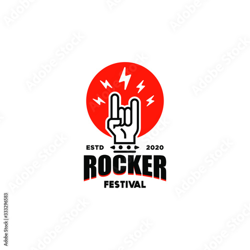 Rock music fest logo with rocker or metal hand gesture, emblem for Rock festival,party, musical performance, design element can be used for poster, banner, flyer, print
