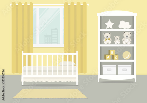 Yellow kid's room for a newborn baby. Bedroom interior for a small child. There is a cot, a wardrobe with toys and other things on a window backround in the picture. Vector illustration