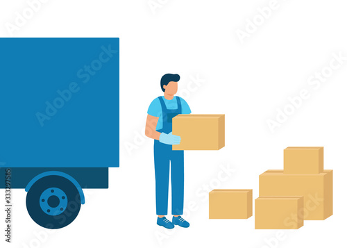 Loader man carries boxes of goods, unloading or loading truck. Work in logistics, shipping. Boxes of goods for import and export. Vector illustration