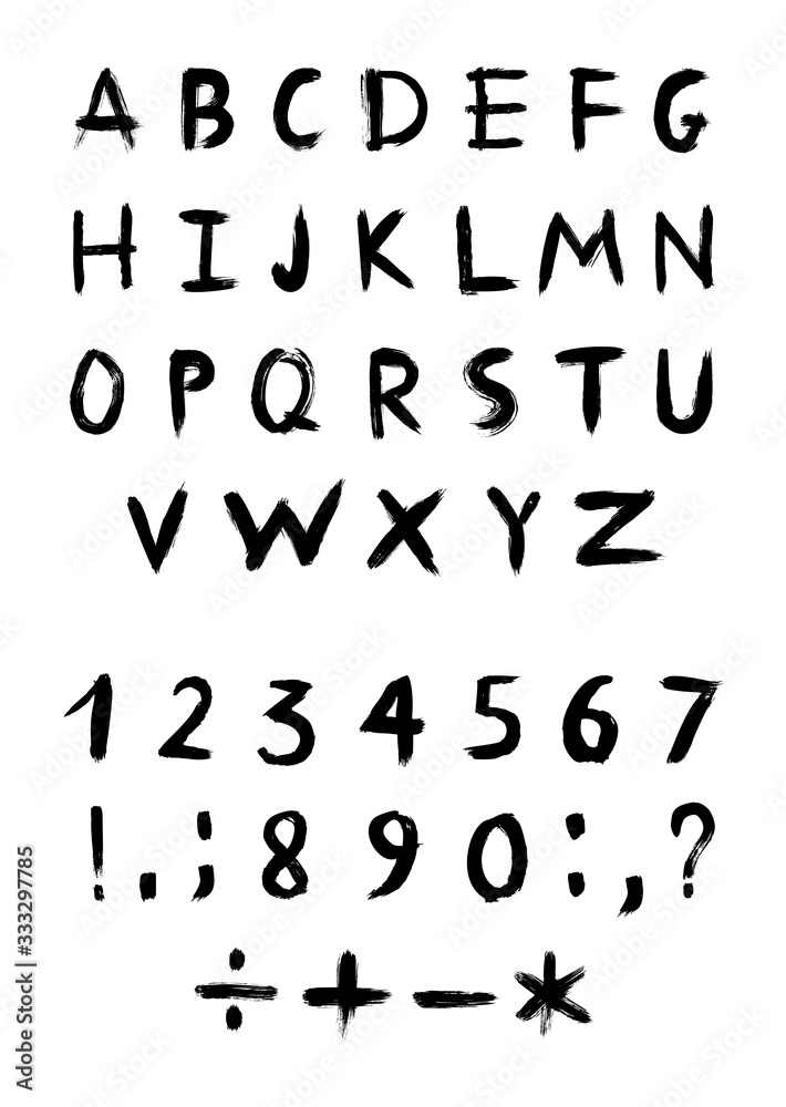 Vector set of textured and grunge letters, numbers and punctuation marks for your font. Alphabet with exclamation and question mark, plus, minus, colon, point, comma and other signs. Handwritten ABC. Vector set of textured and grunge letters, numbers and punctuation marks for your font. Alphabet with exclamation and question mark, plus, minus, colon, point, comma and other signs. Handwritten ABC.