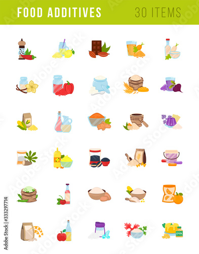 Set of vector isolated illustrations of food and drink additives, e, flavor enhancers,  sauces, flours, syrups, spices, nature flavorings, artificial dressings, seasonings, and other substances.