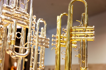 Fotobehang Muziekwinkel Trompetten in muziekwinkel etalage  © DAVID