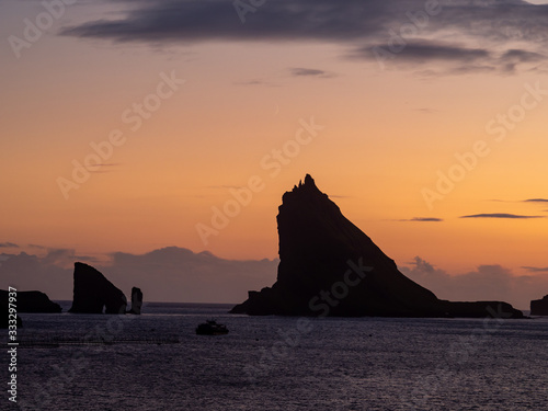 Faroe Islands, Vagar, Drangarnir, sunset view from the road to Gásadalur.