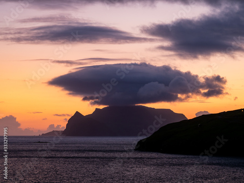 Faroe Islands, Vagar, Drangarnir, sunset view from the road to Gásadalur. © Beata