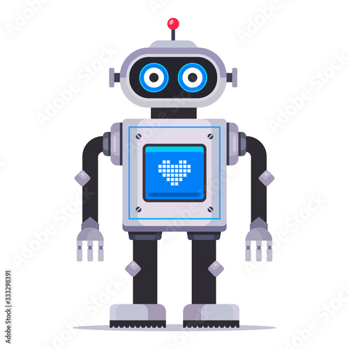 toy cute robot with a screen in the chest and a heart on it. Flat character vector illustration.