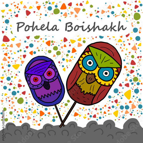 Pohela Boishakh, Bengali New Year celebration card template with owl masks. photo
