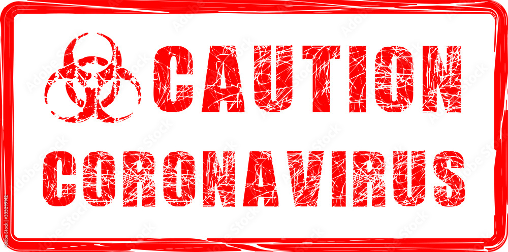 Caution Coronavirus warning red grunge text. Trendy design element for prints, web pages, banners, posters and background Caution Coronavirus warning red grunge text. Trendy design element for prints, web pages, banners, posters and background