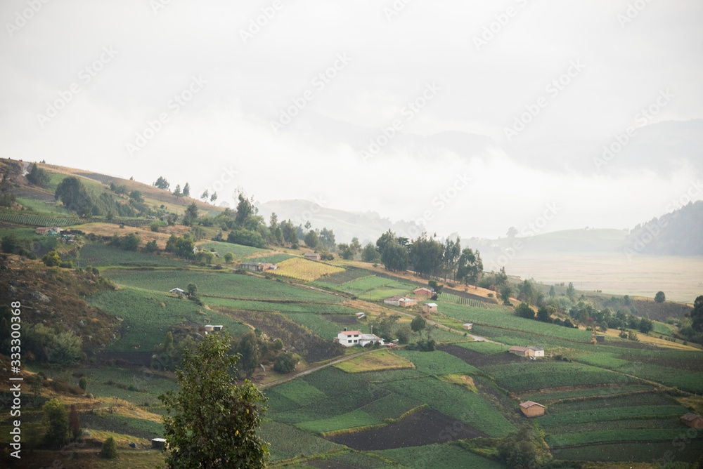 Rural mountainous landscape; fields in Aquitania, Colombia, near Lake Tota