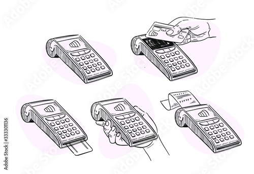 Payment terminal icons. Vector illustration. Black outline on transparent