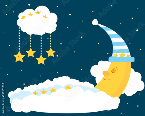 Cute sleeping moon covered with clouds.