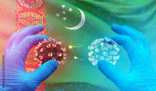 Medical molecular conceptwith backgroung of waving national flag of Turkmenistan. Pandemic 3D illustration. photo