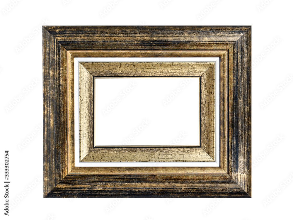 Wooden frame for paintings with gold patina. Isolated on white Wooden frame for paintings with gold patina. Isolated on white