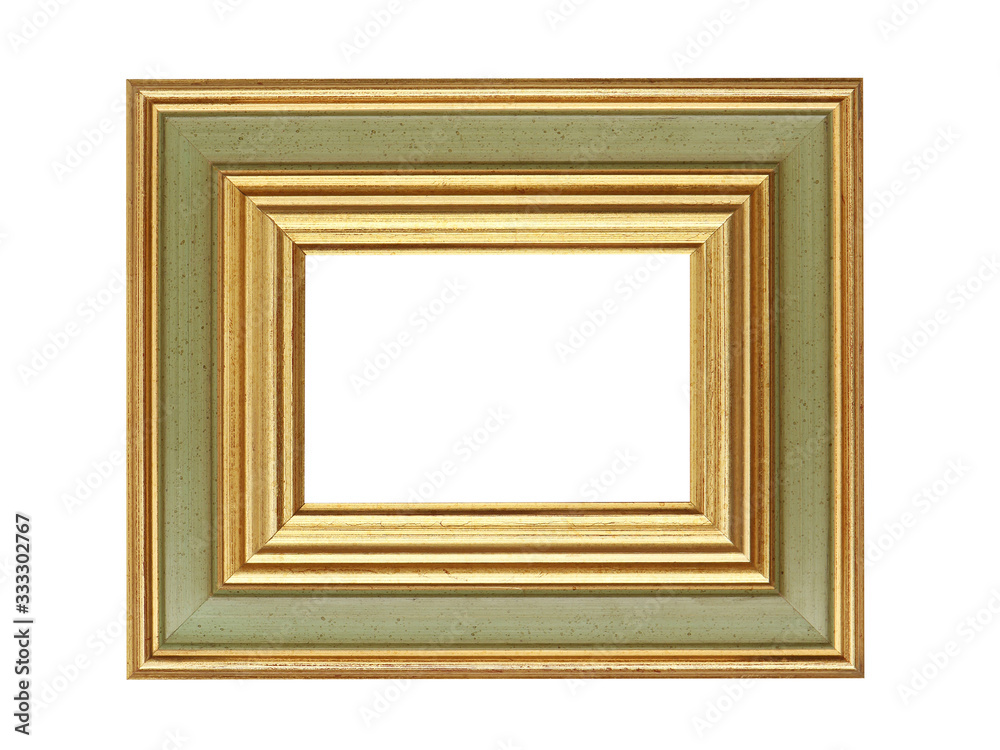Green golden wooden frame for paintings. Isolated on white Green golden wooden frame for paintings. Isolated on white