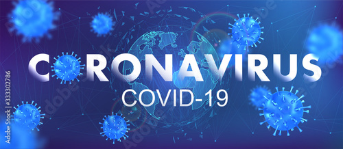 Virus Covid-19 and World Map. Coronavirus from Wuhan virus disease. White inscription coronavirus with 3D bacteria and futuristic background and Globe Earth. Vector illustration with blur effect