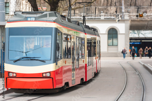 Tram in Zurich city. Electric public transport in Switzerland