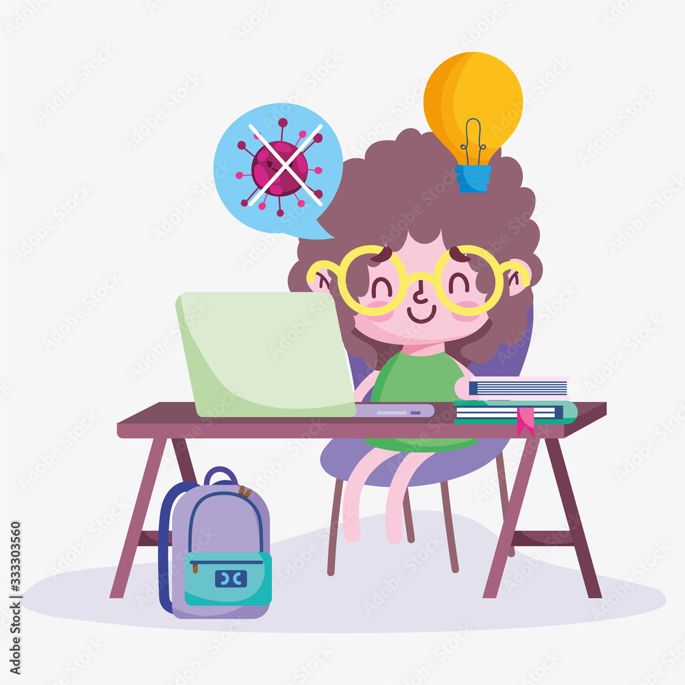 education online, little boy studying in computer with books backpack, coronavirus pandemic education online, little boy studying in computer with books backpack, coronavirus pandemic