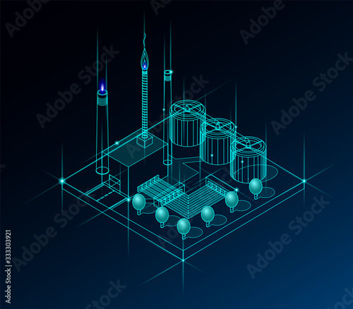 Dark illustration of neon factory with pipes; chimneys and industial objects; buildings.