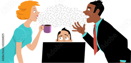  Two coworkers talking over the head of a man, terrified of germs they are spreading, EPS 8 vector illustration