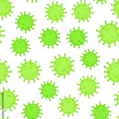 Coronavirus cell. Flu virus texture. Seamless pattern green color isolated on white background. Vector hand drawn illustration.