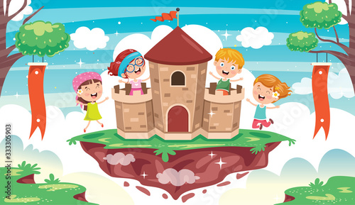 Fairy Tale Castle And Happy Children
