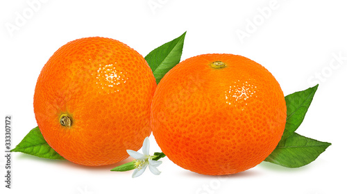 Fresh mandarins orange  with leaves and flower isolated on white background with clipping path