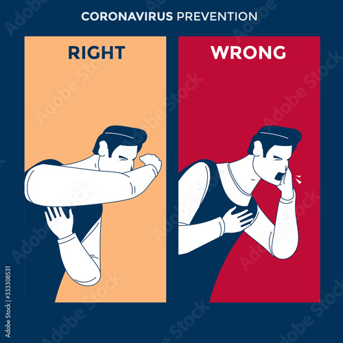 Man for wrong cough in hand and the correct method in napkin and elbow fold to corona virus prevention