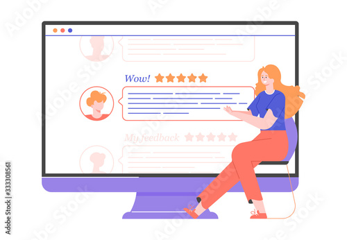 The girl is sitting next to a large monitor. Examines customer reviews. Rating, testimonials and feedback. Golden stars. Vector flat illustration.