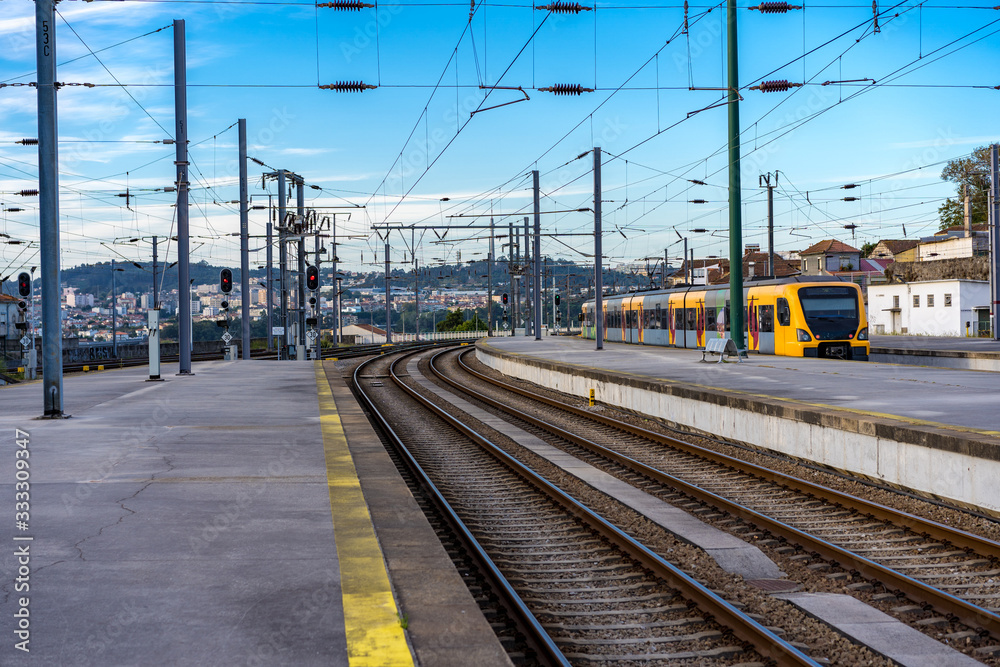 Train tracks at Campanha train station in Porto, Portugal