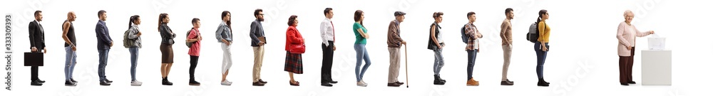 Female pensioner voting and people waiting in line Female pensioner voting and people waiting in line