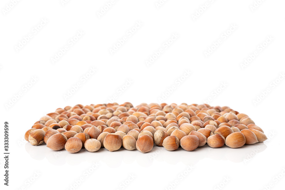 Photo of a delicious hazelnut stack isolated on a white background Photo of a delicious hazelnut stack isolated on a white background