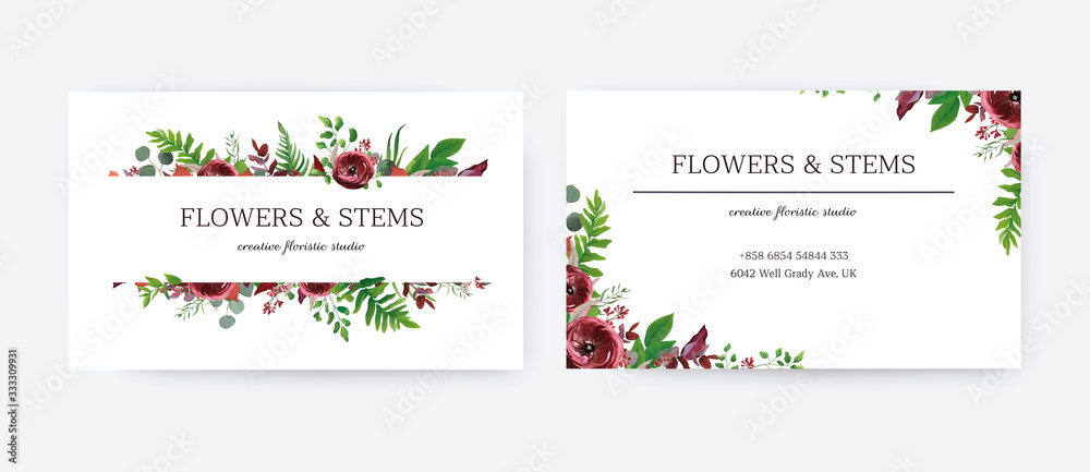 Business card, invite, save the date vector floral design template. Red garden Ranunculus flowers, seeded burgundy & silver eucalyptus branches, green fern & botanical greenery leaves watercolor frame
